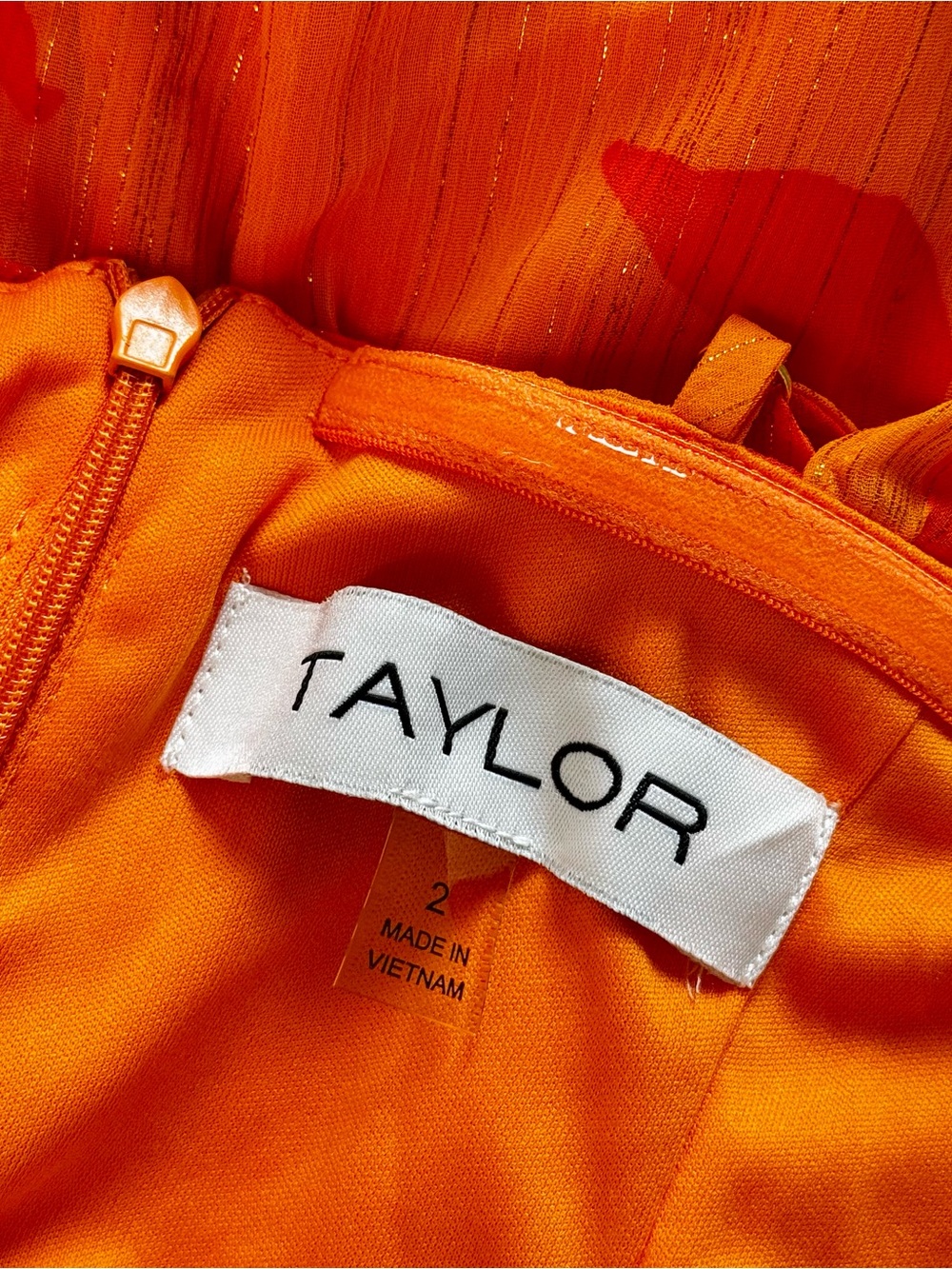 Taylor One Shoulder Shimmer Ruffle Midi Dress, Orange Floral – Size 2 - Picture 7 of 7